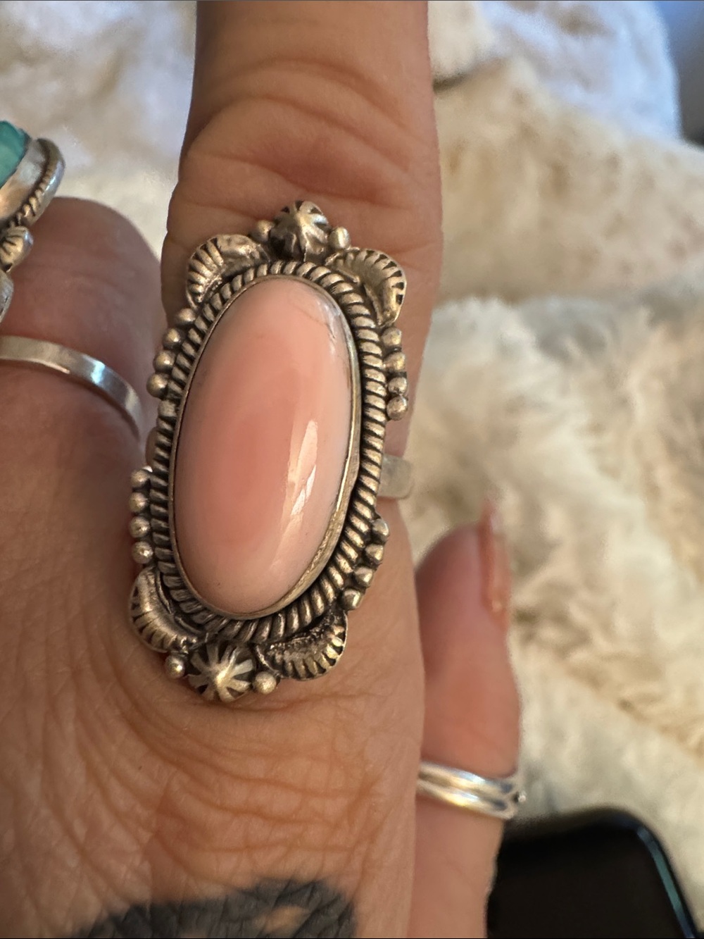 Sterling Silver Pink conch Oval Stone Statement Ring